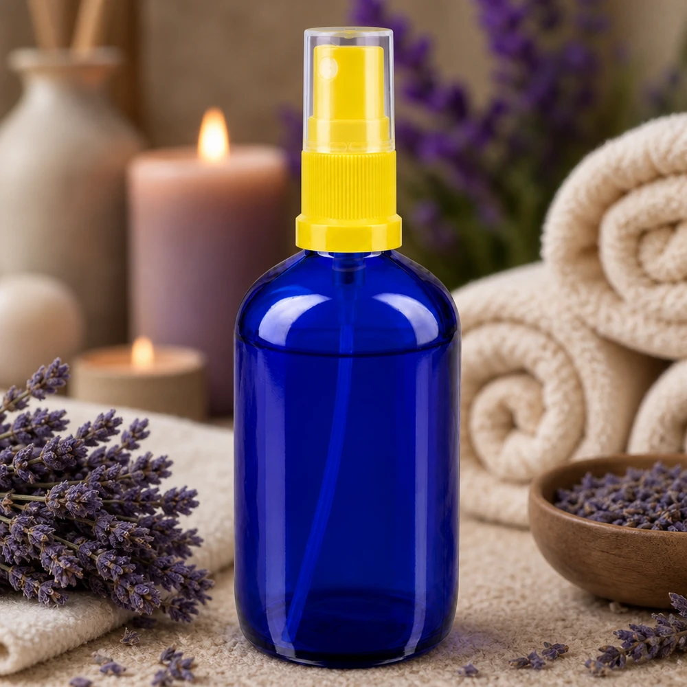 Apothekenflasche blau 100ml Sprayaufsatz gelb Apothekerglas Sprayflasche 100ml blau gelber Zerstäuberkopf für Hydrolate und Gesichtswasser