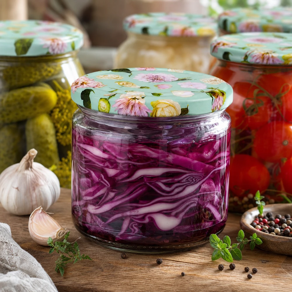 Barattolo rotondo da 330 ml + coperchio BasicSeal flower mint UNiTWIST Cavolo rosso fermentato in vaso rotondo da 330 ml con coperchio BasicSeal floreale menta accanto a cetrioli e pomodori in salamoia