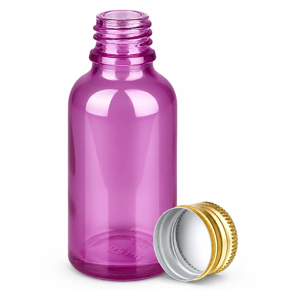 30ml Flasche 11mm Schraubverschluss Alu-Gold Standard PurpleLine. UT18/30 30ml Apothekerflasche aus violettem Glas mit goldenem Schraubverschluss für pharmazeutische Anwendungen