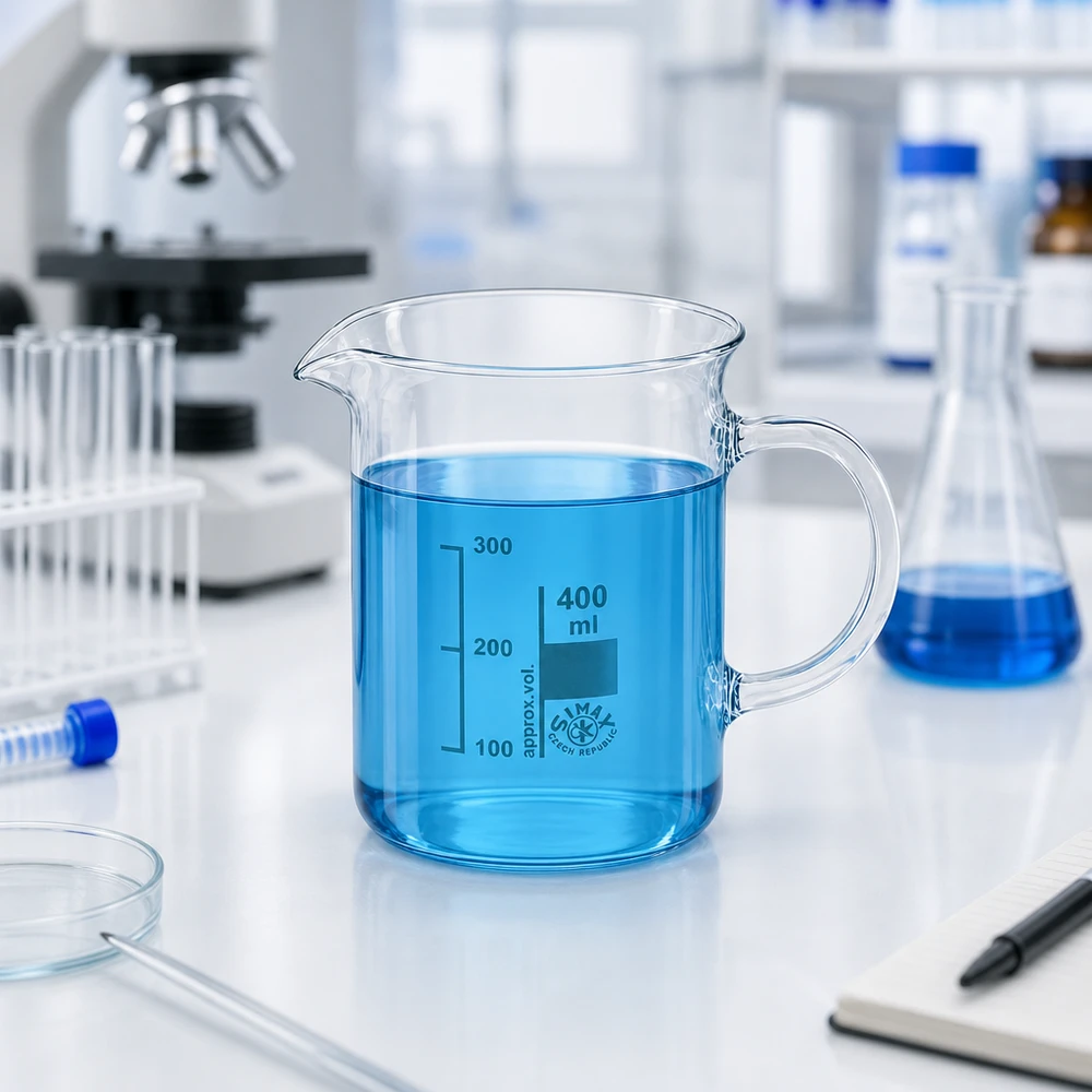 Bicchiere 400ml in vetro borosilicato, con manico Bicchiere da laboratorio trasparente da 400 ml con manico, realizzato in vetro borosilicato di alta qualità