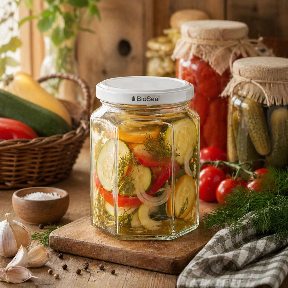 UNiTWIST Hexa288 sechseckiges Einmachglas mit Mixed Pickles gefüllt auf Holzbrett in rustikaler Küche