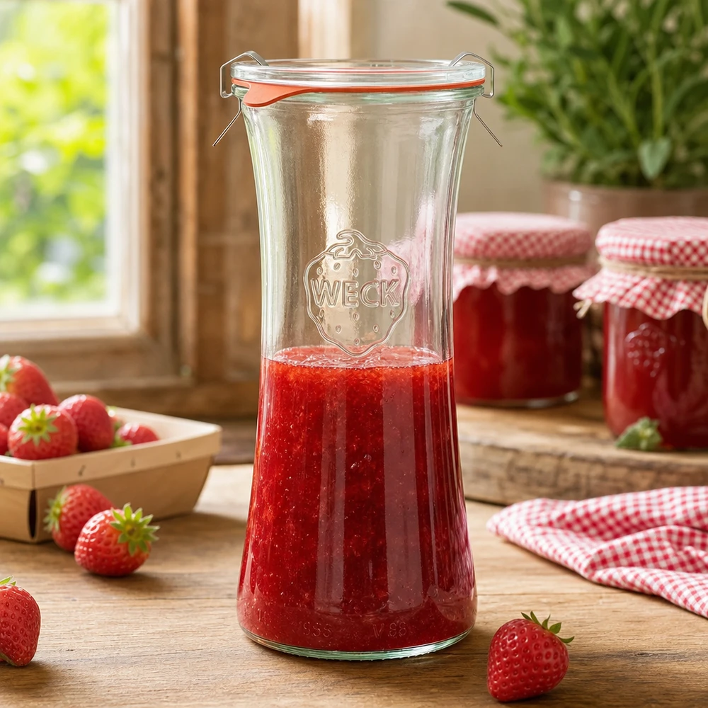 WECK RR80 Barattolo da 700 ml riempito di marmellata di fragole, barattolo per conserve con tappo oscillante in una scena di cucina