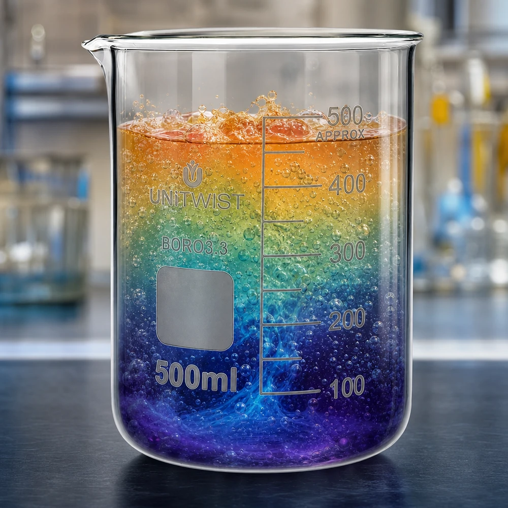 Bicchiere 500ml borosilicato, stampo basso UNiTWIST Bicchiere UNiTWIST da 500 ml in vetro borosilicato, forma bassa, con un coloratissimo effetto arcobaleno all’interno