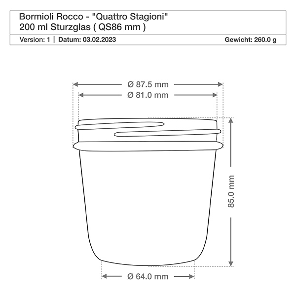 Bicchieri "Quattro Stagioni" da 200 ml con coperchio Bicchieri Quattro Stagioni da 200 ml con coperchio dimensioni 87,5 mm diametro 85 mm altezza disegno tecnico Bormioli Rocco