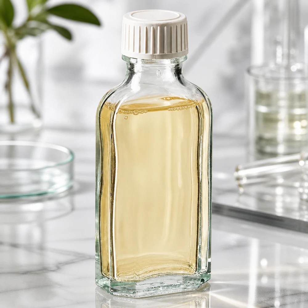 Tappo a vite trasparente Meplat da 50 ml con inserto in schiuma PE Flacone di vetro Meplat da 50 ml contenente olio di colore giallastro, con tappo a vite bianco