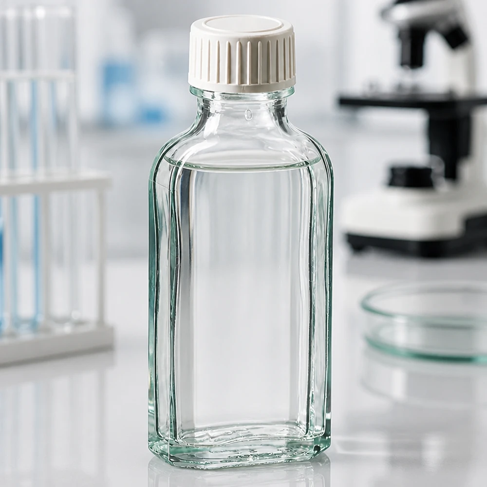 Tappo a vite trasparente Meplat da 50 ml con inserto in schiuma PE Flacone di vetro rettangolare da 50 ml, modello Meplat trasparente, con tappo a vite bianco, su un tavolo da laboratorio