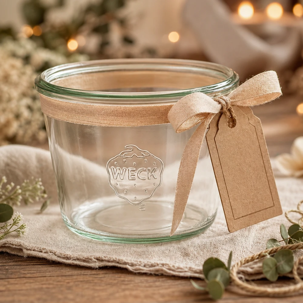 Bicchieri da 370 ml WECK RR100 Bicchieri WECK 370ml RR100 decorati con nastro e ciondolo su un tavolo di legno rustico