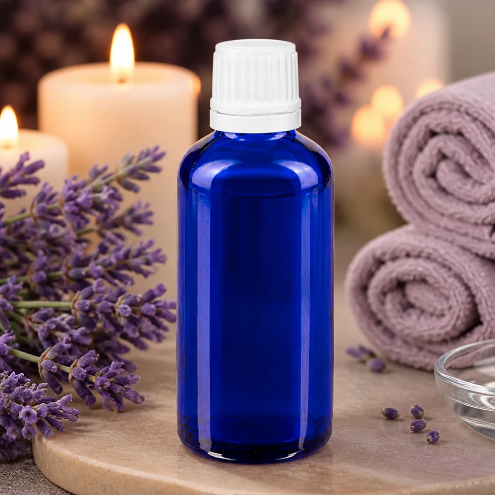 Flacon à pharmacie bleu 50ml bouchon vissable blanc bouchon inviolabilité Flacon en verre bleu de 50 ml muni d'un bouchon compte-gouttes blanc, entre des fleurs de lavande et des bougies