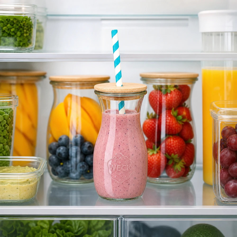 6 x WECK 290ml bottiglia di succo RR60 con coperchio in legno e 100 eco S WECK bottiglia di succo 290ml con fragola frullata in frigo tra frutta fresca coperchio in legno cannuccia di carta