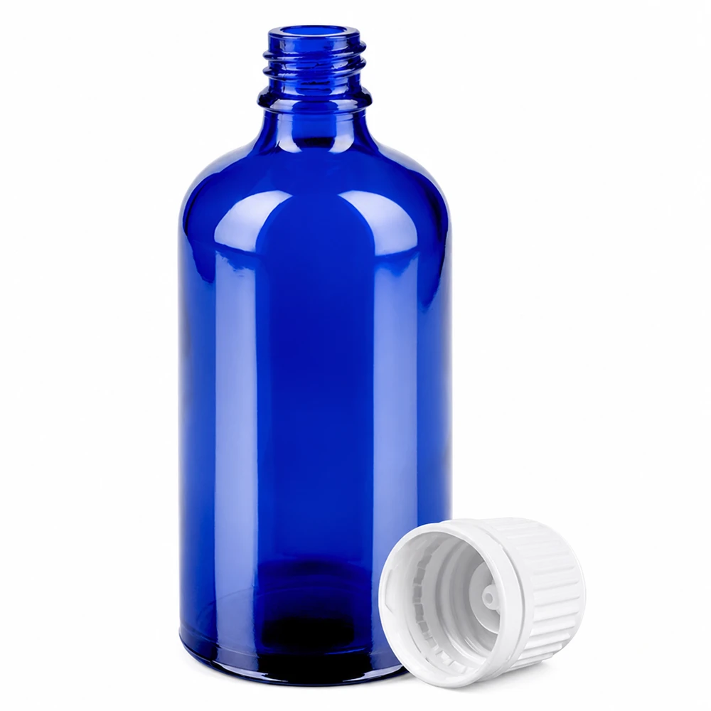 100ml Flasche 11mm Schraubverschluss weiß Originalitätsverschluss BlueLine UT18/100 Hochwertige 100ml Glasflasche blau 11mm Schraubverschluss weiss OV BlueLine UT18