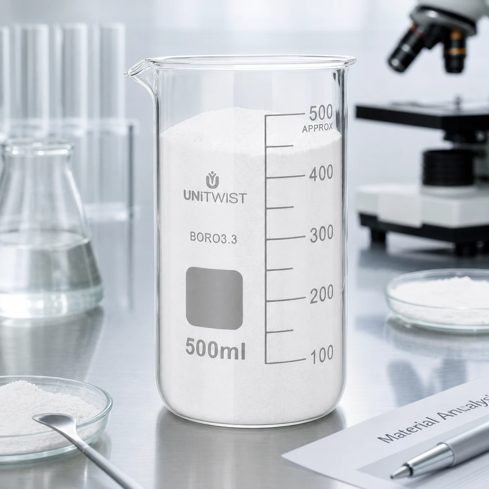 Bicchiere 500ml borosilicato, stampo alto UNITWIST Vaso di vetro UNITWIST da 500 ml, modello alto, riempito di polvere bianca su un tavolo da laboratorio in acciaio inossidabile