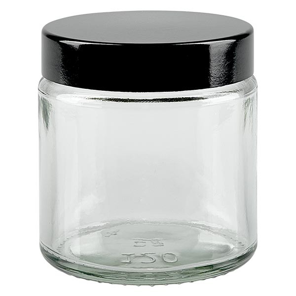 Barattolo di vetro da 120ml trasparente, con coperchio in bachelite nera ApoGlas Barattolo di vetro da 120ml trasparente, con coperchio in bachelite nera ApoGlas