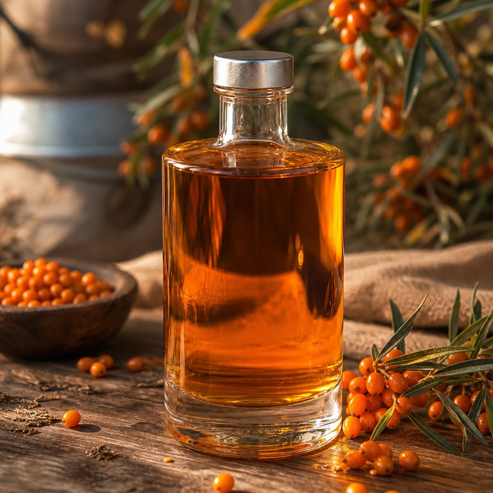 Bottiglia in vetro da 375 ml Sam e tappo a vite argento UNiTWIST® Bottiglia in vetro da 375 ml Sam riempita con olio di olivello spinoso di colore arancione tra bacche di olivello spinoso e decorazione naturale