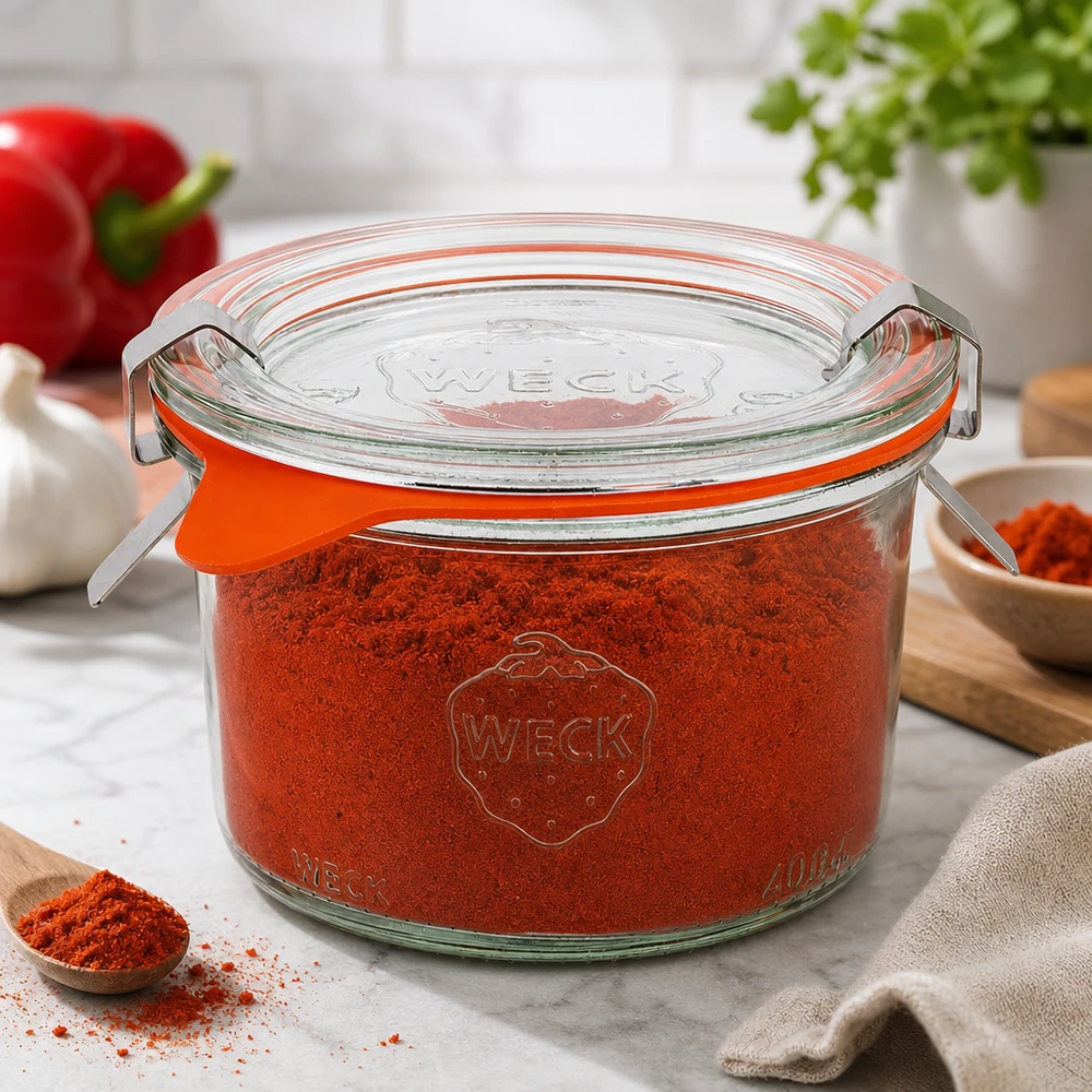 200ml Sturzglas komplett WECK RR80 WECK Sturzglas 200ml RR80 mit Paprikapulver befüllt zeigt perfekte Gewürzaufbewahrung in moderner Küche