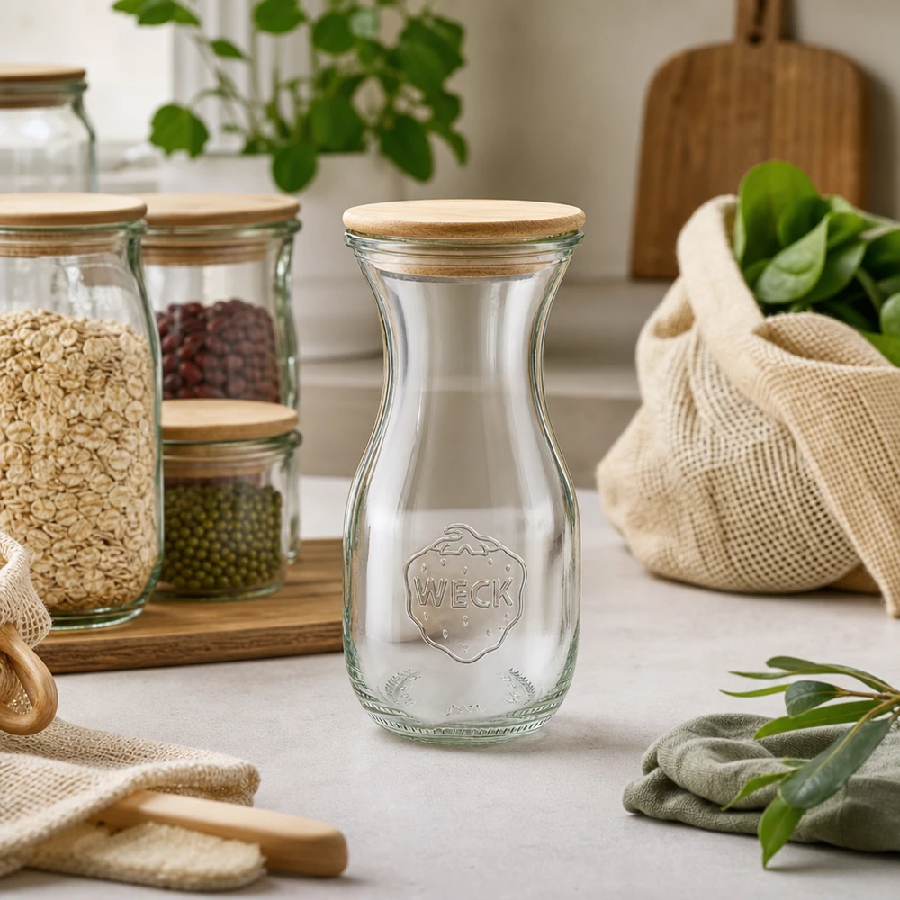 290ml Saftflasche Edition RR60 mit Holzdeckel WECK Saftflasche 290ml mit Holzdeckel in Zero-Waste Küche mit Vorratsgläsern und Jutebeuteln