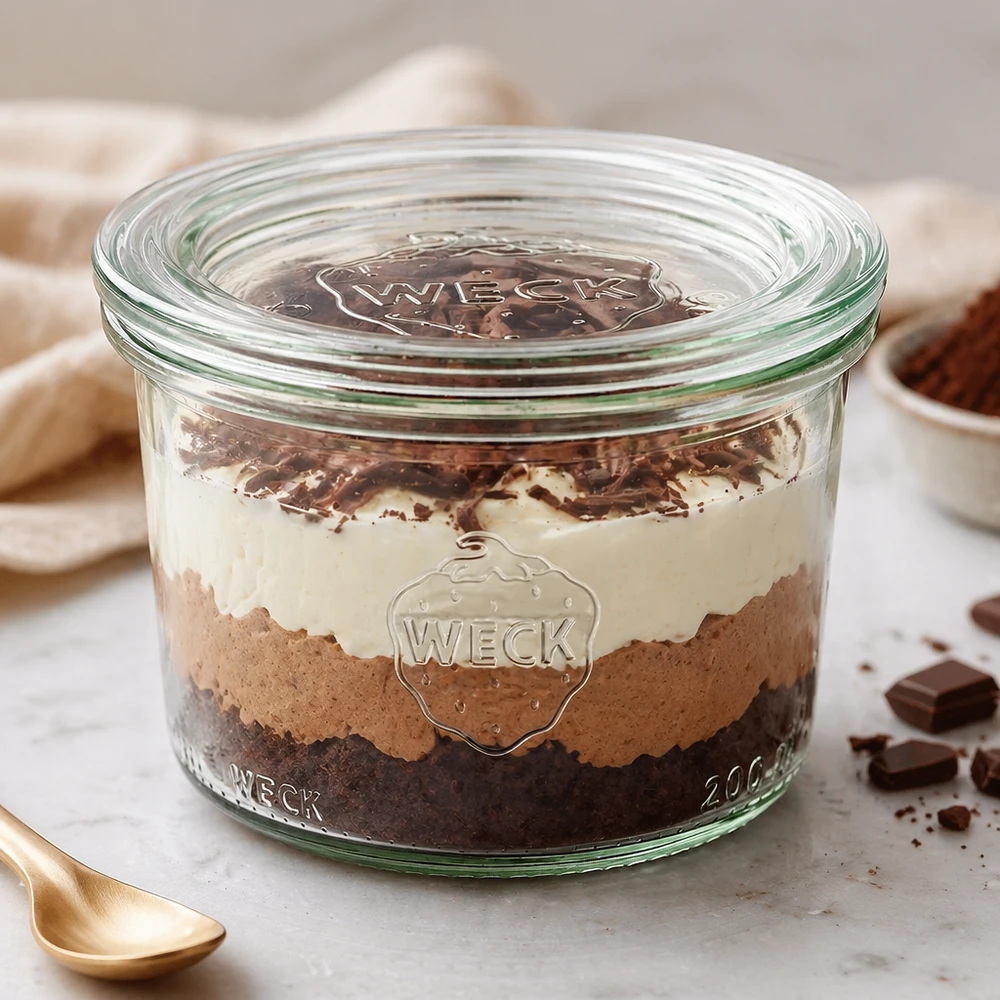 200ml Sturzglas mit Glasdeckel WECK RR80 WECK Sturzglas 200ml RR80 mit Schichtdessert befüllt zeigt vielseitige Verwendung als Dessertglas und Servierschale