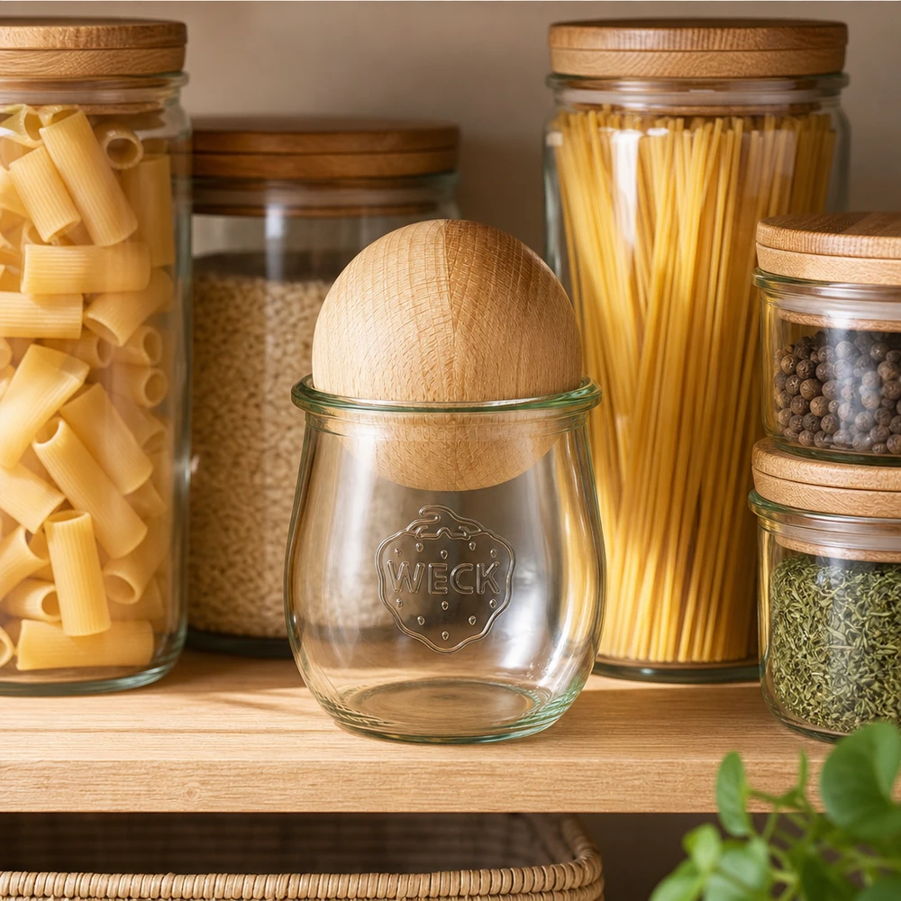 Vaso per tulipani da 220 ml WECK RR60 con sfera in legno di faggio WECK vaso a tulipano 220ml RR60 con coperchio a sfera in faggio in cucine moderne accanto a barattoli per pasta e spezie