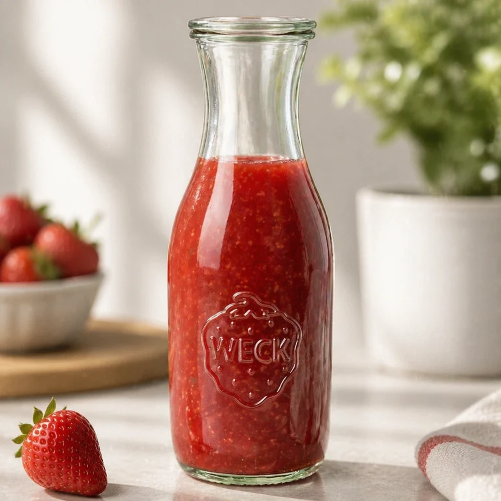 Bouteille à jus de 1 062 ml avec couvercle en verre WECK RR60 WECK Saftflasche 1062ml gefüllt mit frischem Erdbeersaft auf Küchentheke neben einzelner Erdbeere und Pflanze