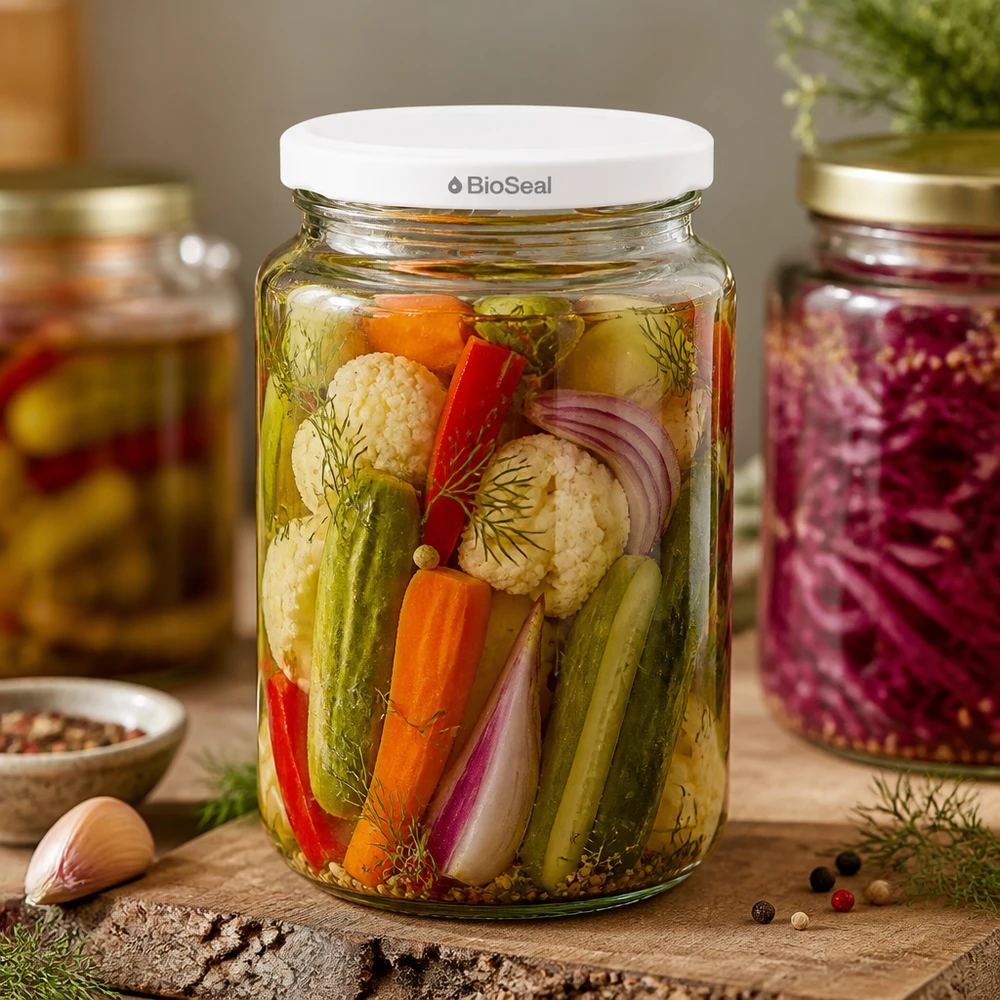 UNiTWIST Runda382 barattolo con verdure sottaceto - Sottaceti misti in barattolo con coperchio bianco BioSeal