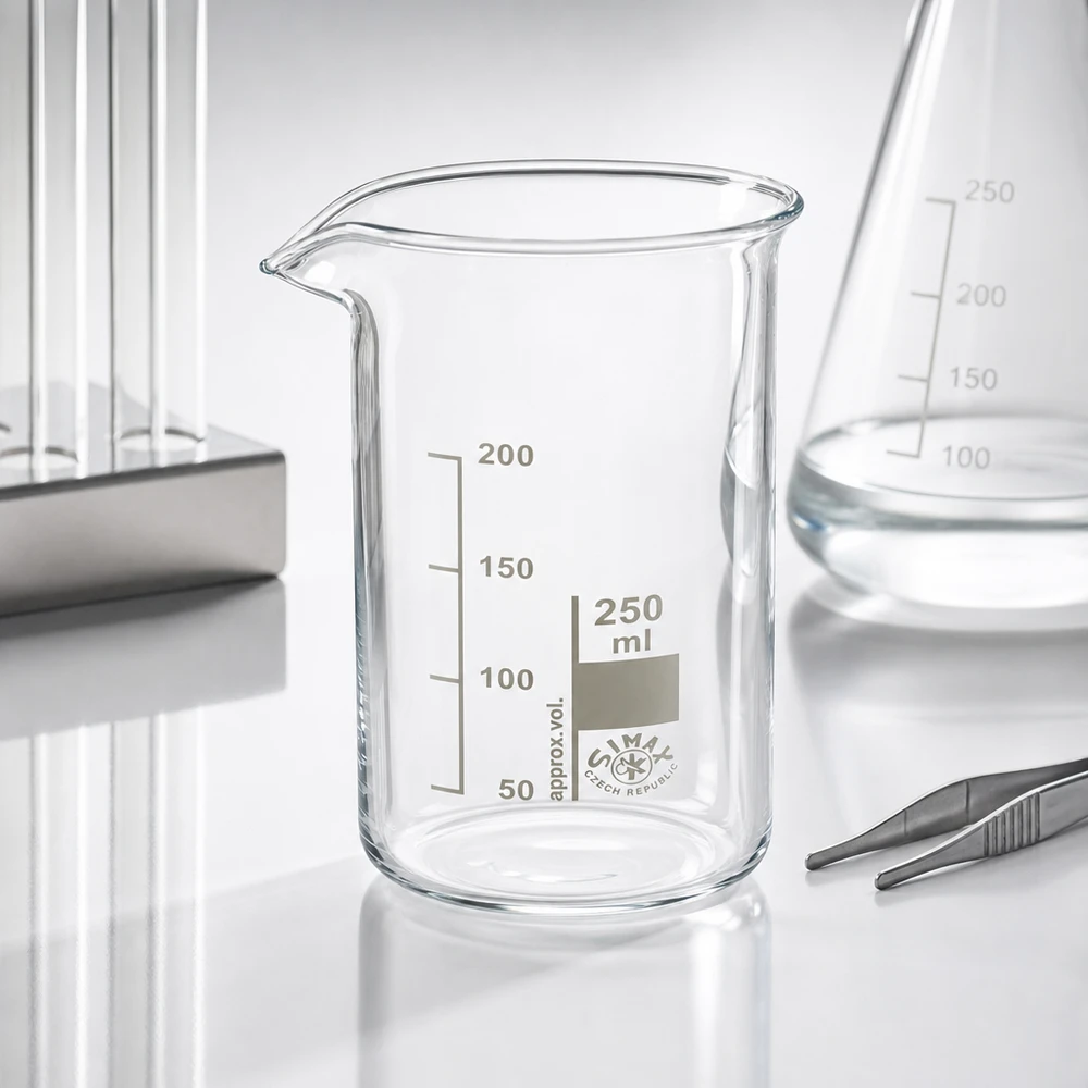 Bicchiere 250ml in vetro borosilicato, forma alta Bicchiere Simax da 250 ml, forma alta, in vetro borosilicato con beccuccio, accanto a un matraccio di Erlenmeyer e a una pinzetta