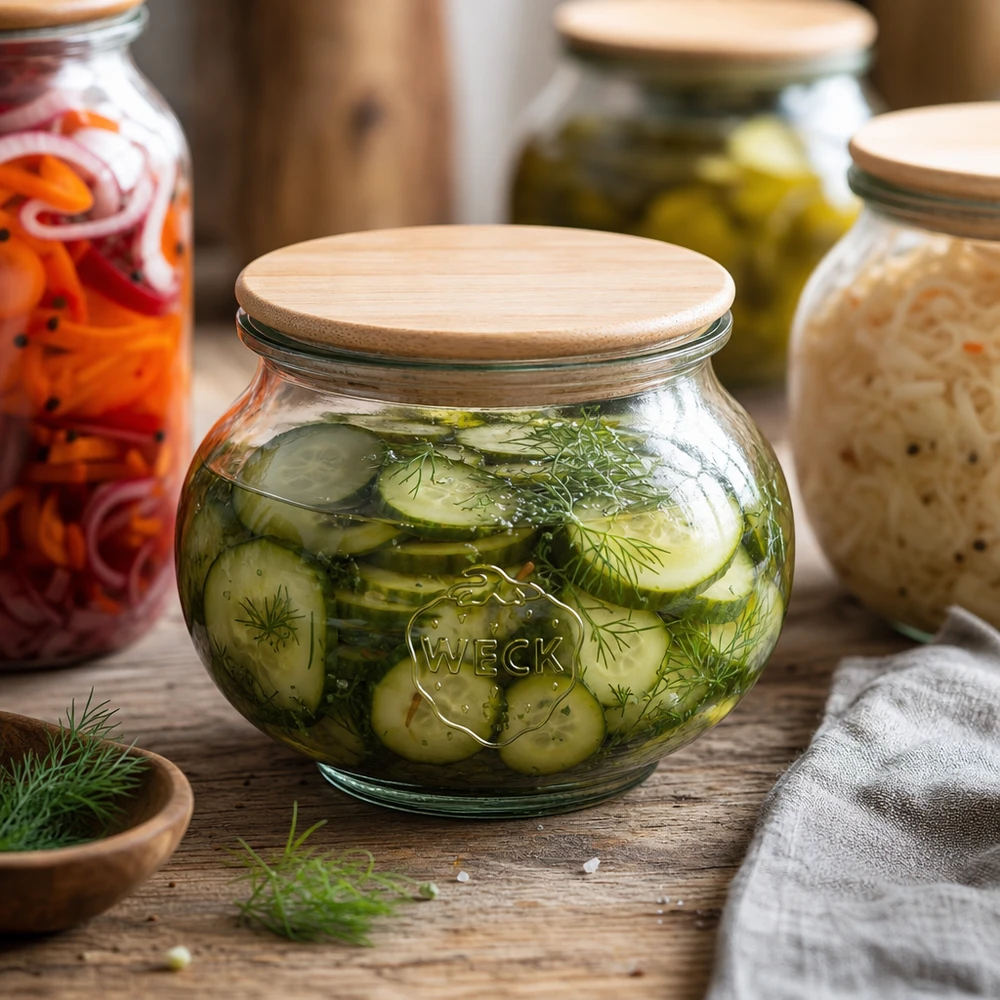 Vaso per gioielli WECK RR80 da 560 ml con coperchio in legno Vaso decorativo WECK da 560 ml RR80 con coperchio in legno riempito con cetrioli e aneto in salamoia in una cucina di fermentazione rustica