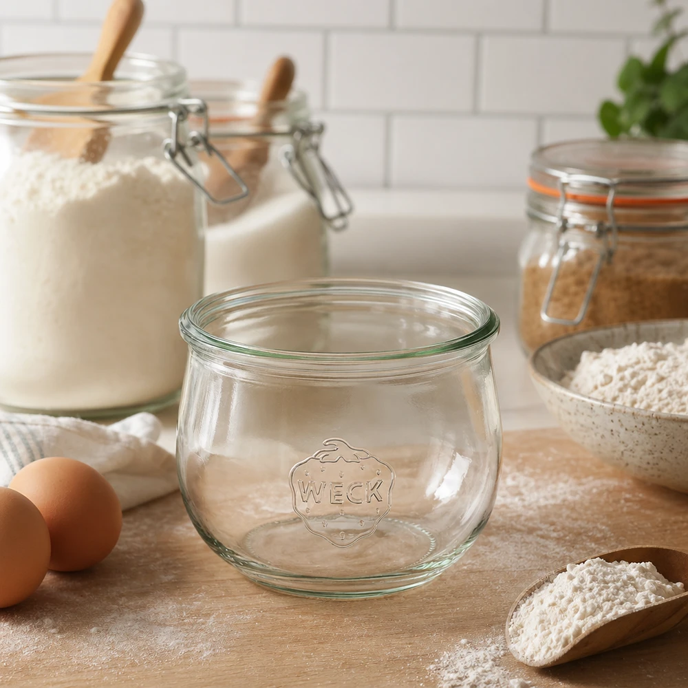 Vaso a tulipano WECK RR100 da 580 ml Vaso a tulipano WECK 580ml RR100 in cucina con farina, uova e barattoli di stoccaggio su piano di lavoro in legno