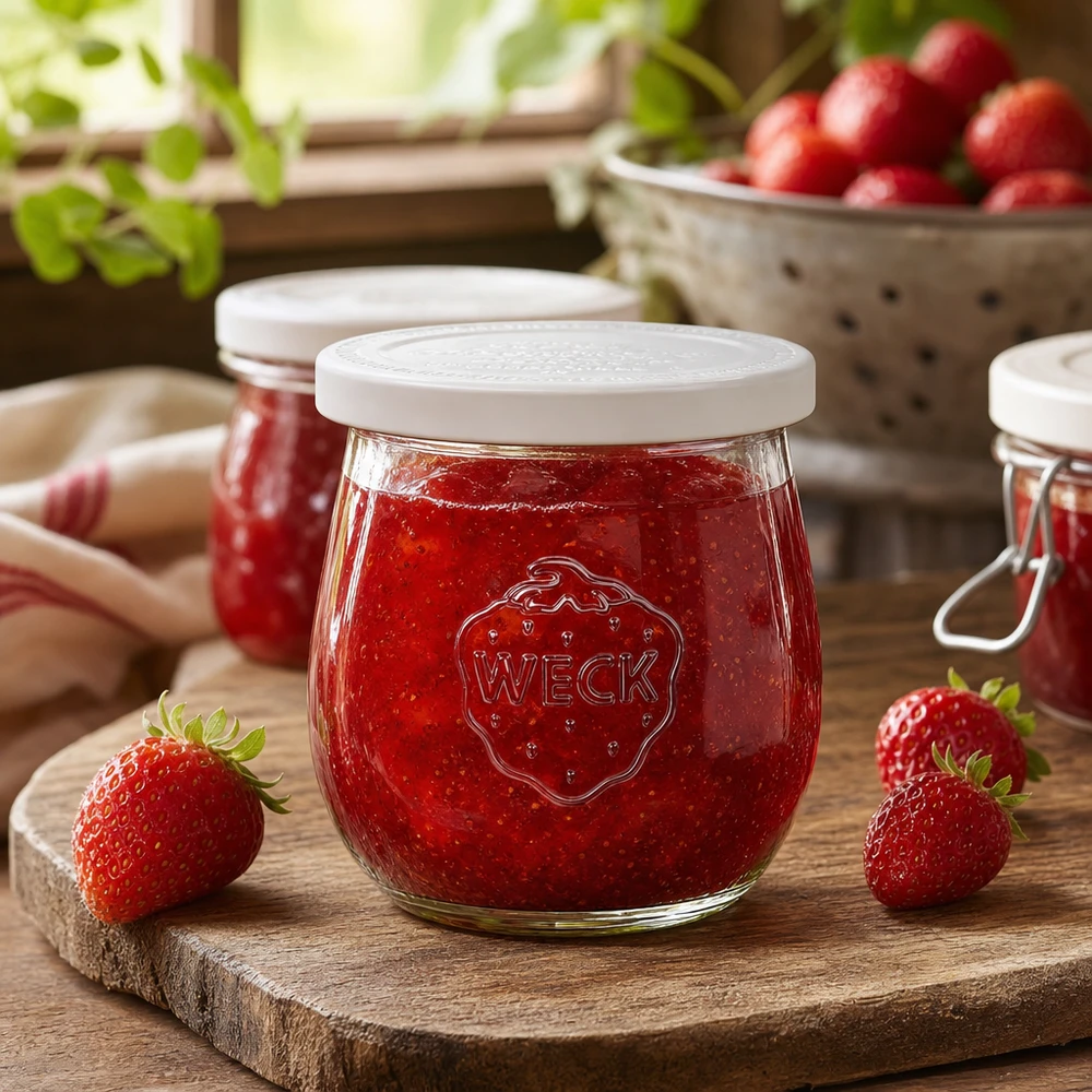 Vaso a tulipano da 220 ml con coperchio ermetico WECK RR60 Vaso WECK a tulipano 220ml RR60 riempito di marmellata di fragole su una tavola di legno - vaso da conserva decorato in stile cucina rustica