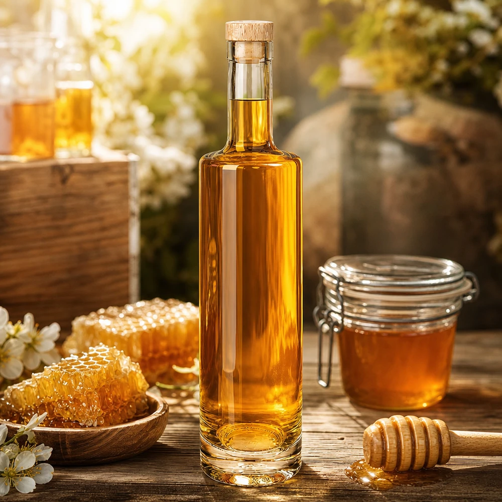 Bottiglia in vetro da 500 ml Lina con tappo in sughero con impugnatura in legno UNiTWIST® Glasflasche Lina 500ml mit Honig befüllt neben Bienenwaben und Honigglas rustikale Küchendeko mit Holzkorken
