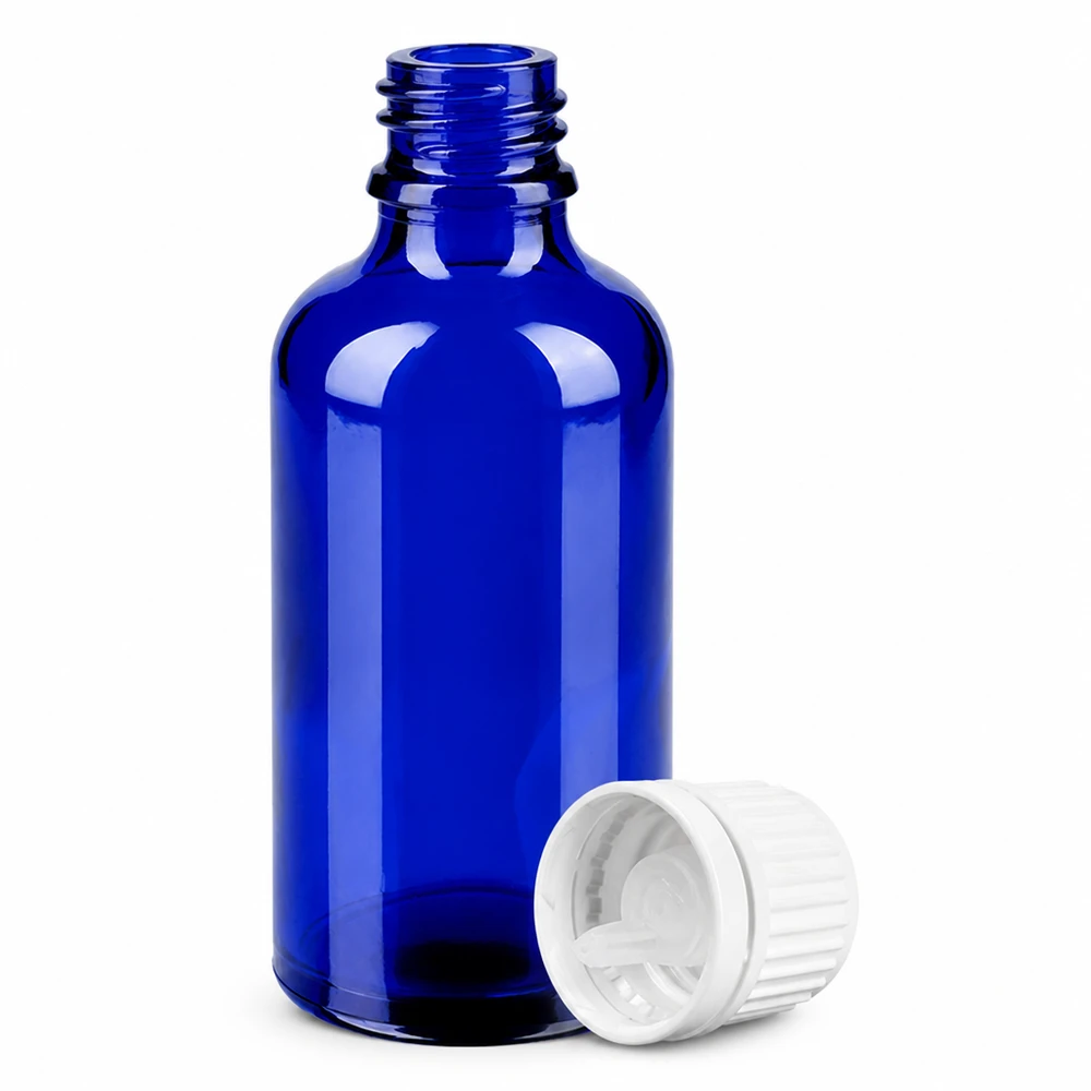 Flacone contagocce di qualità da laboratorio 50ml blu cobalto con contagocce da 0,7 mm per applicazioni farmaceutiche