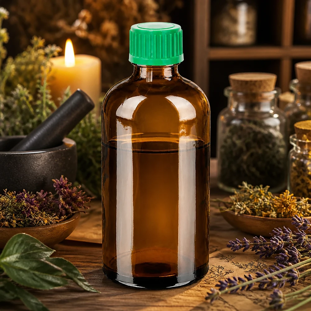 Bottiglia di vetro sostenibile da 100 ml in marrone con tappo verde richiudibile con apertura di 11 mm