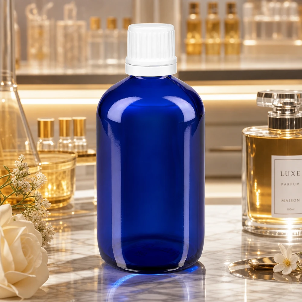 Blaue Glasflasche 100ml Apothekerformat mit weißem Originalitätsverschluss für ätherische Öle