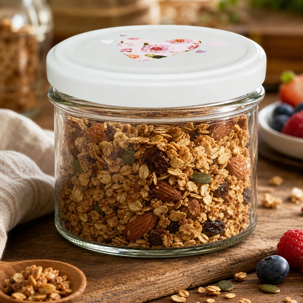 225ml Sturzglas + BasicSeal Deckel Herz mint UNiTWIST 225ml Sturzglas mint BasicSeal Deckel gefüllt mit Müsli und Nüssen demonstriert luftdichte Frischhaltung