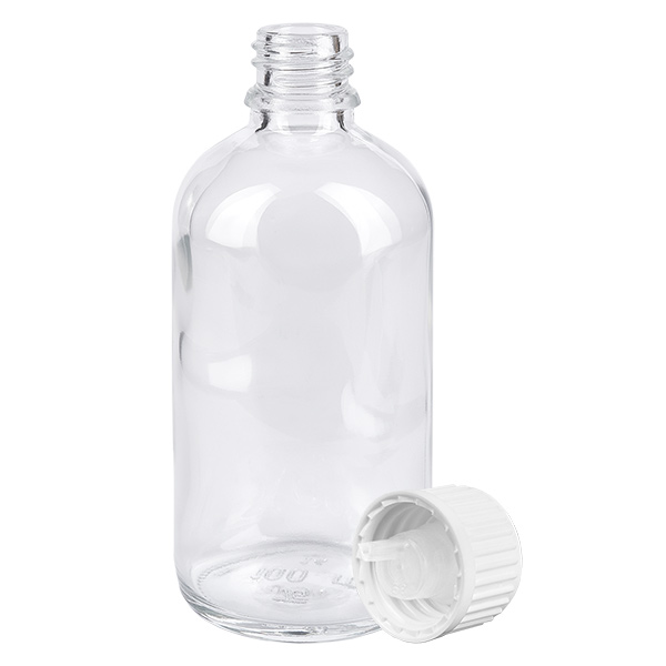 Flacone contagocce da 100 ml 0,9 mm bianco STD ClearLine UT18/100 Flacone di vetro vuoto da 100 ml con tappo contagocce bianco a prova di bambino e apertura da 0,9 mm, serie ClearLine