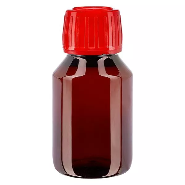 Flacon médical en PET brun avec bouchon rouge