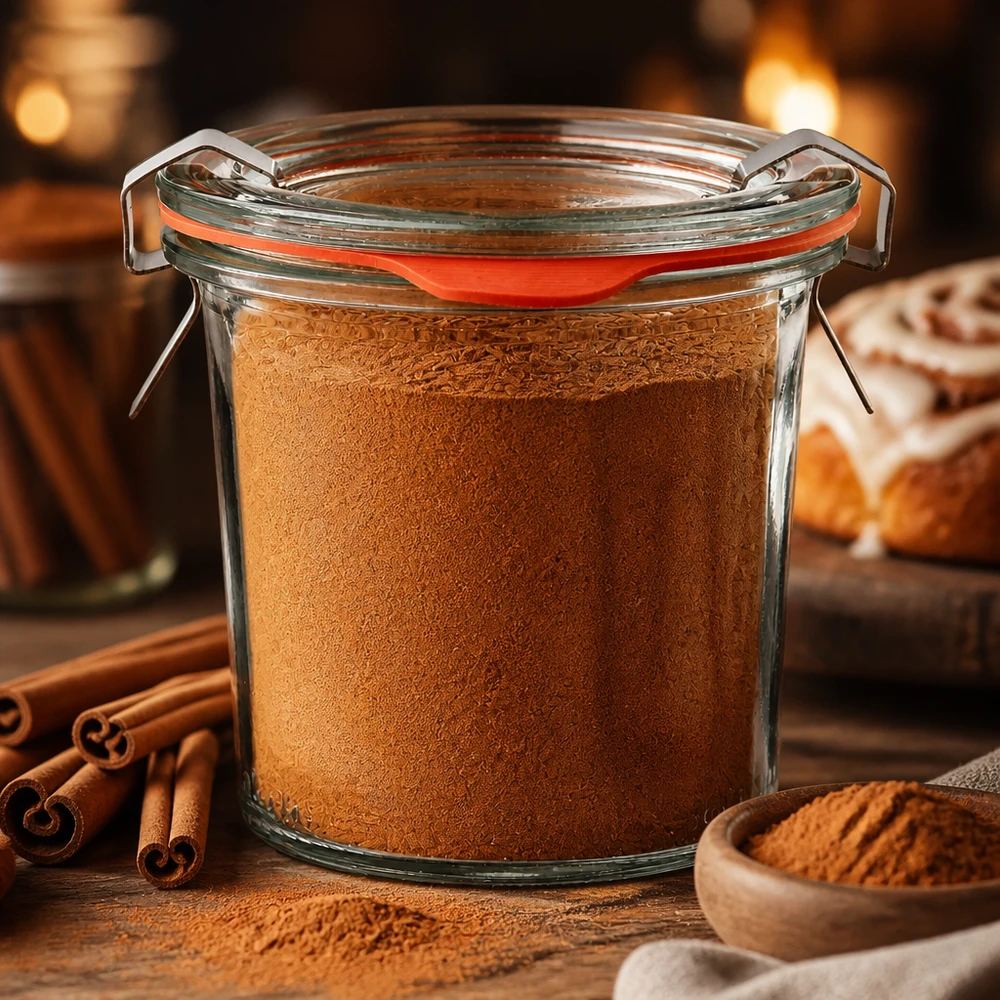 Barattolo di vetro WECK da 140 ml come contenitore per la cannella, con cucchiaino di legno e bastoncini di cannella come decorazione