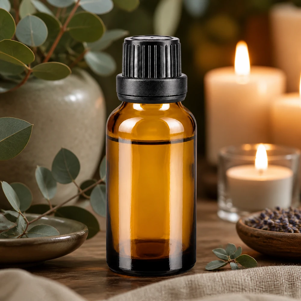 Flacon en verre d'apothicaire brun de 20 ml, muni d'un bouchon OV noir et d'un bec verseur de 2 mm pour huiles essentielles