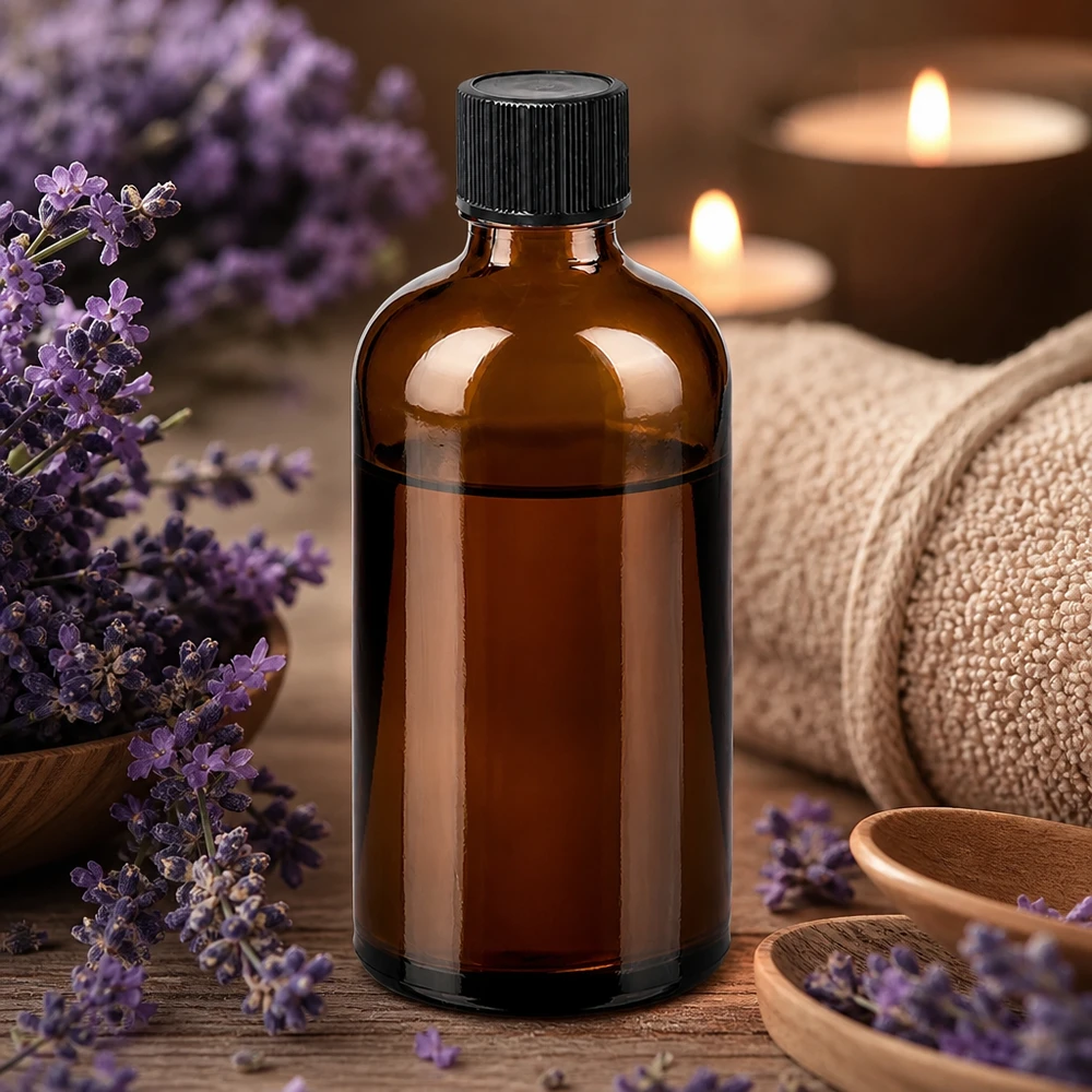 Flacone in vetro ambrato da 100 ml con sistema di gocciolamento preciso per operatori e terapeuti alternativi.