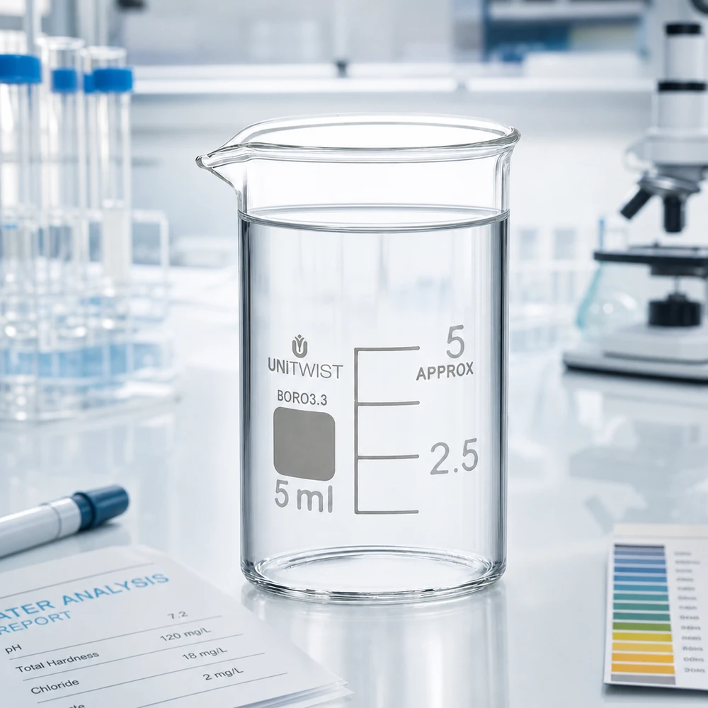 Bicchiere 5ml in borosilicato, forma bassa UNiTWIST UNiTWIST Boccetta in vetro borosilicato 3.3 da 5 ml, forma bassa, con rapporto di analisi dell'acqua effettuato in laboratorio