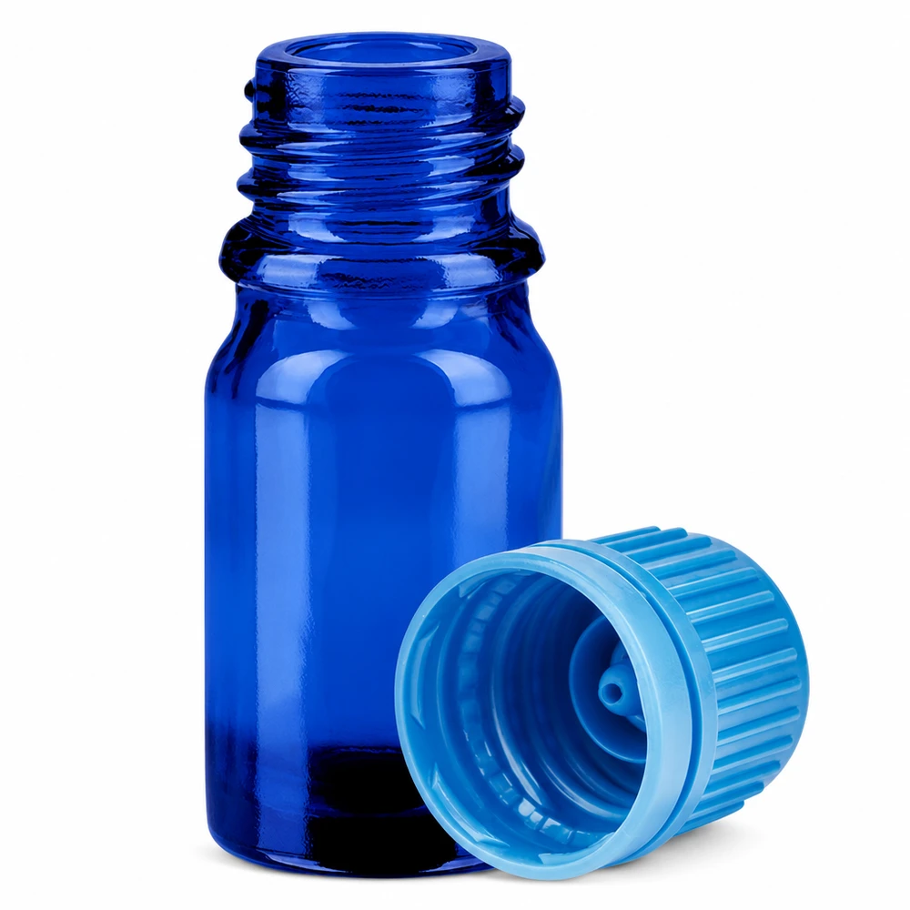 Il flacone in vetro blu scuro da 5 ml con tappo a vite protegge le sostanze sensibili alla luce