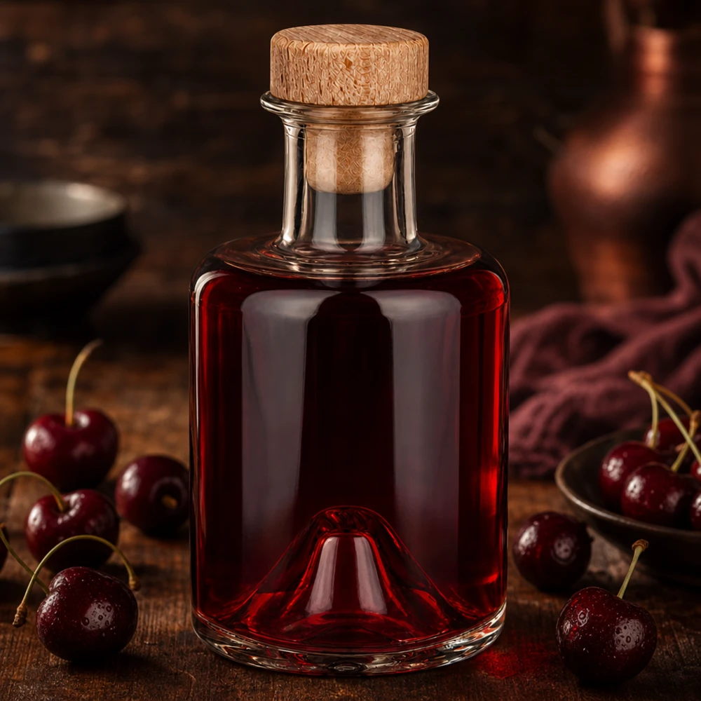 Flacone farmaceutico da 200 ml Sofia con tappo in sughero con impugnatura in legno UNiTWIST® 200ml Glasflasche Sofia mit Holzkorken gefüllt mit roter Kirschflüssigkeit umgeben von frischen Kirschen auf Holzuntergr