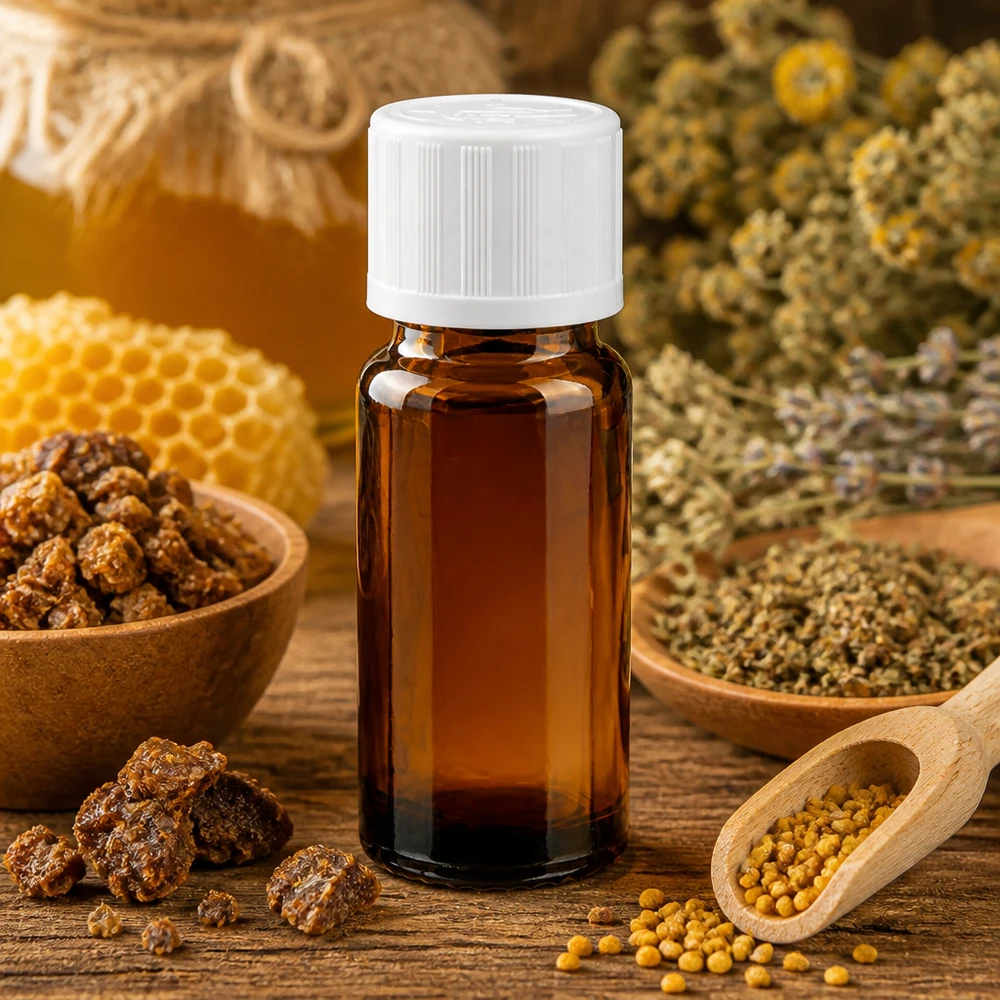 Flacon de pharmacie brun 10ml bouchon vissable blanc sécurité enfant Flacon de pharmacie brun de 10 ml avec bouchon de sécurité enfant blanc, à côté de nids d'abeilles et de propolis