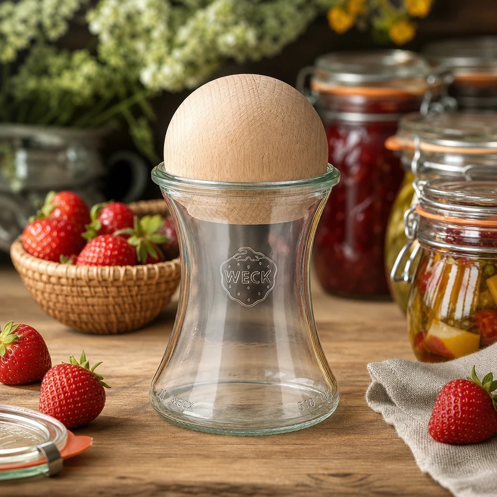 Vasetto da 370 ml WECK RR80 con sfera in legno di faggio. Palla di legno di faggio WECK barattolo 370ml RR80 palla di legno faggio cucina ambiente barattoli di marmellata di fragole barattoli di conservazione