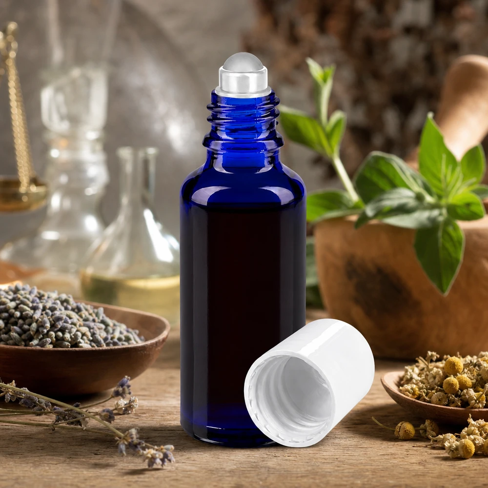 Apothekenflasche blau 30ml Roll-On Verschluss weiß Blaue Apothekerglasflasche 30ml mit Rollkugel für Parfum und Körperöle auf rustikalem Holzuntergrund