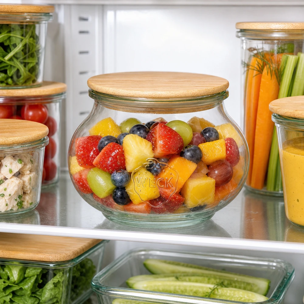 560ml Schmuckglas WECK RR80 mit Holzdeckel WECK Vorratsglas 560ml RR80 mit Holzdeckel gefüllt mit Obstsalat im Kühlschrank organisierte Lebensmittelaufbewahrung