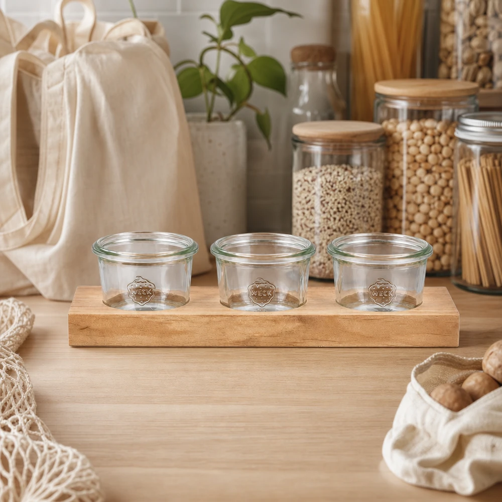 Tagliere Plano3 con 3 vasetti Weck da 80 ml Tavola da portata sostenibile Plano3 con 3 bicchieri vuoti Weck da 80 ml in cucina a rifiuti zero con barattoli di stoccaggio