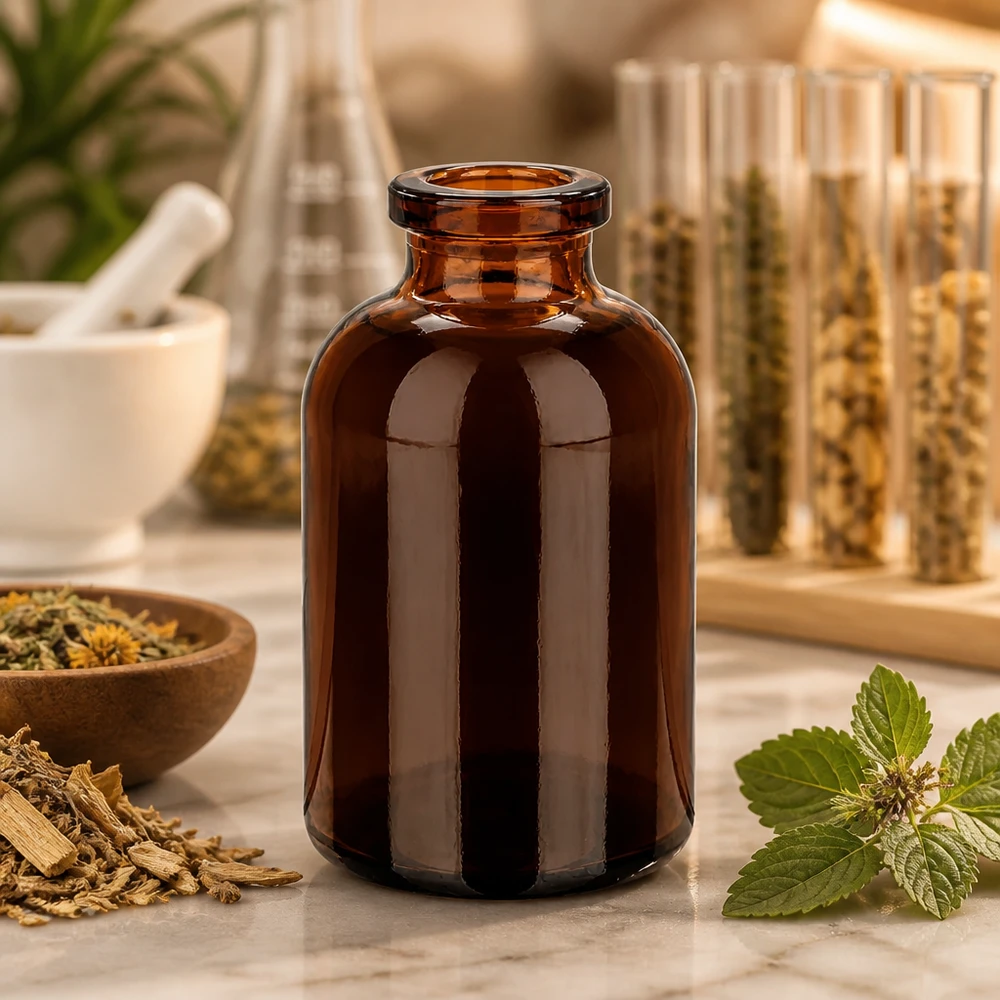 Flacone per iniezione in vetro ambrato 30ml Injektionsflasche Braunglas 30ml für Kräuterextrakte auf Marmorunterlage mit Mörser im Hintergrund