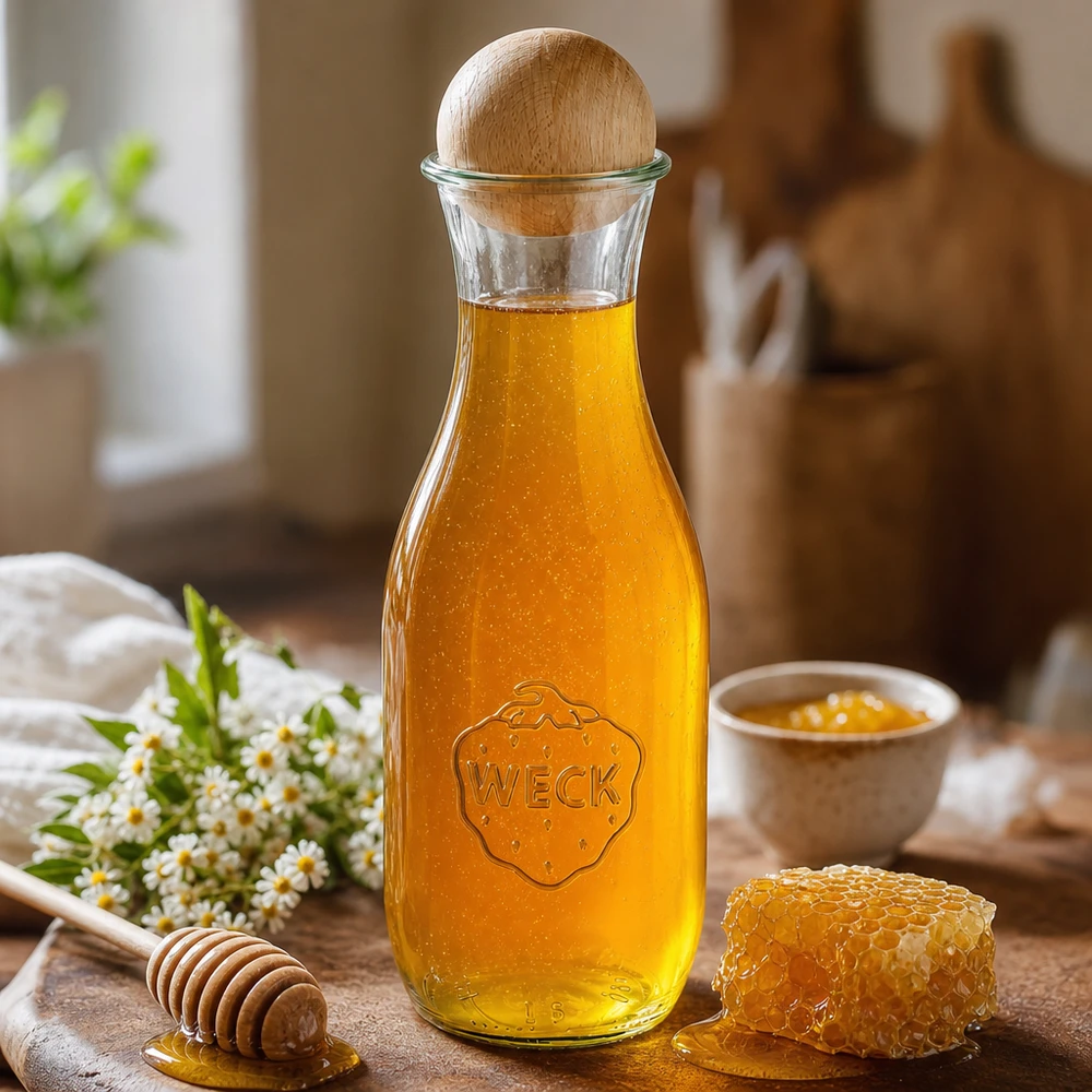 Bottiglia di succo da 1062 ml WECK RR60 con sfera in legno di faggio Bottiglia di succo WECK da 1062 ml riempita di miele accanto a un cucchiaio da miele in legno a nido d'ape e fiori di camomilla su un tavolo di legno