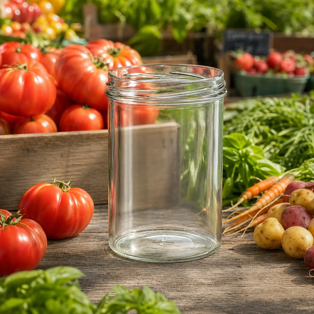 UNiTWIST Sturz435 Einmachglas 435ml TO82 auf Holztisch mit frischen Tomaten Karotten und Kräutern im Garten