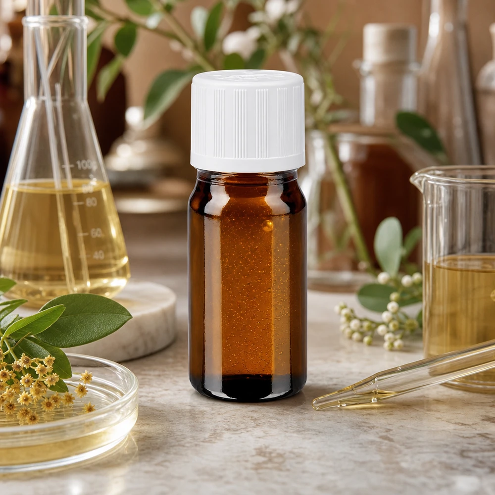 Flacon de pharmacie brun 5ml bouchon vissable blanc sécurité enfant standard Flacon de pharmacie marron de 5 ml muni d'un bouchon de sécurité blanc pour enfants, entouré de fioles de laboratoire et de plantes médicinales