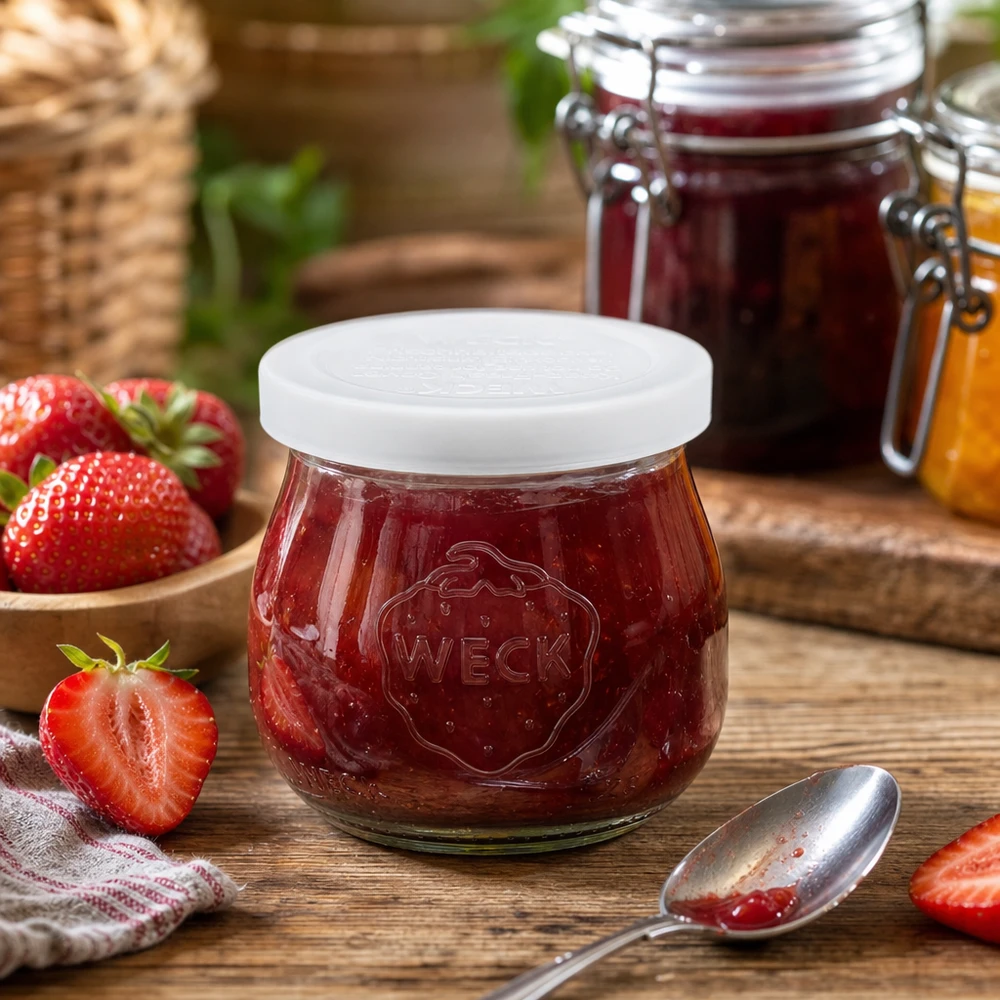 Barattolo a tulipano da 75 ml con coperchio salvafreschezza WECK RR40 WECK Barattolo a tulipano da 75 ml riempito di marmellata di fragole accanto a fragole fresche su un tavolo di legno Barattolo da conserva RR40